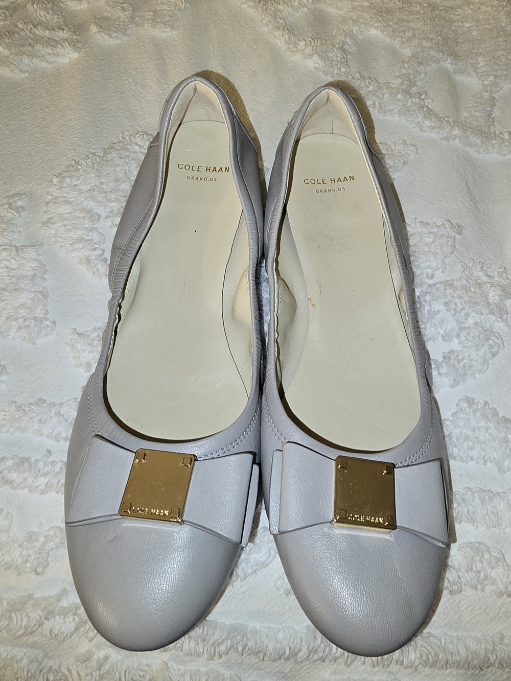 Cole Haan Light Gray Leather Ballet Flats with Gold Accent